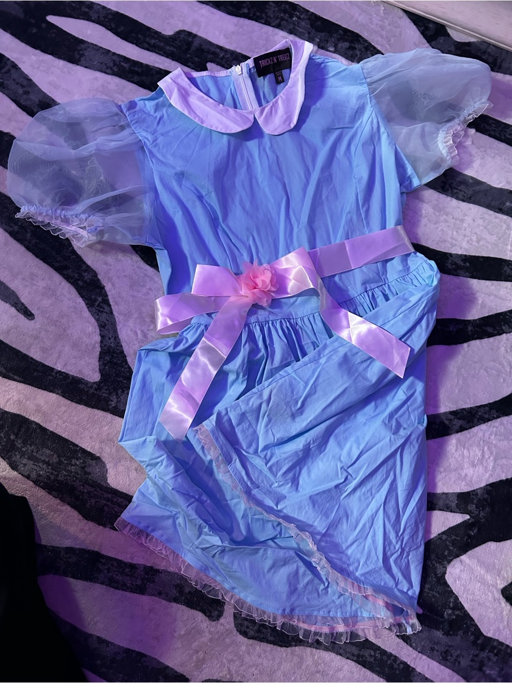 Girls Blue Organza Puff Sleeve Dress with Pink Sash
